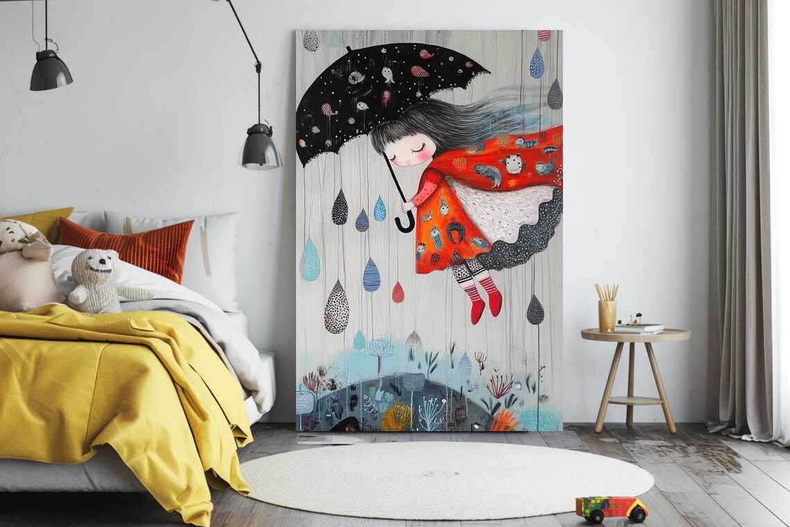 Whimsical Girl Flying With Umbrella In Rain Storybook Poster
