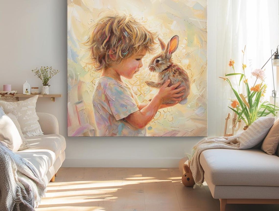 Blond Boy Tenderly Holding a Small Rabbit in Warm Sunlight Poster - Image 3