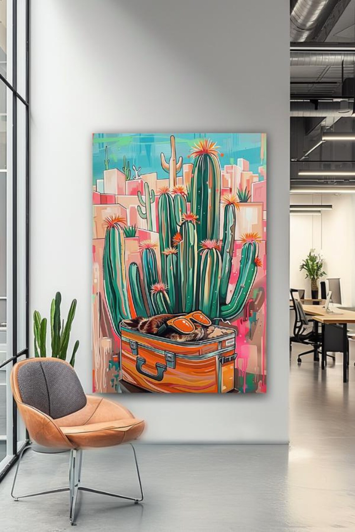 Blooming Cactus Garden With Orange Suitcase And Sunglasses Poster