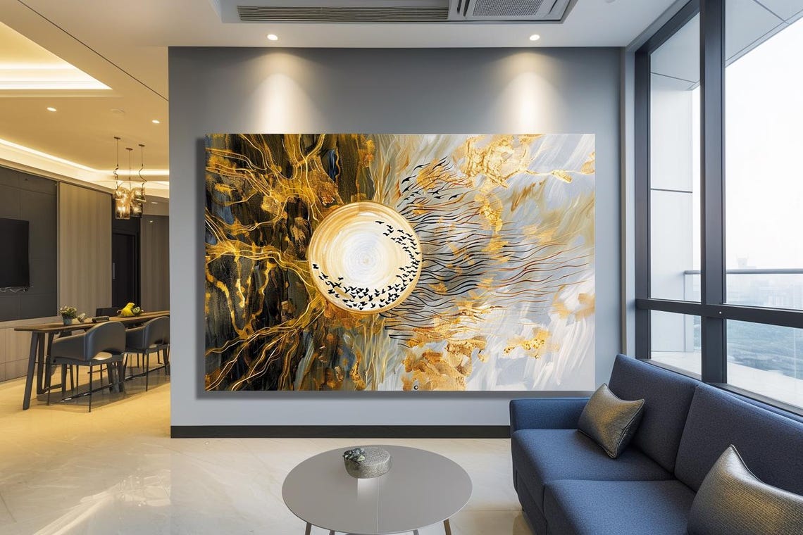 Golden Full Moon with Birds in Gold Black Abstract Marble Poster