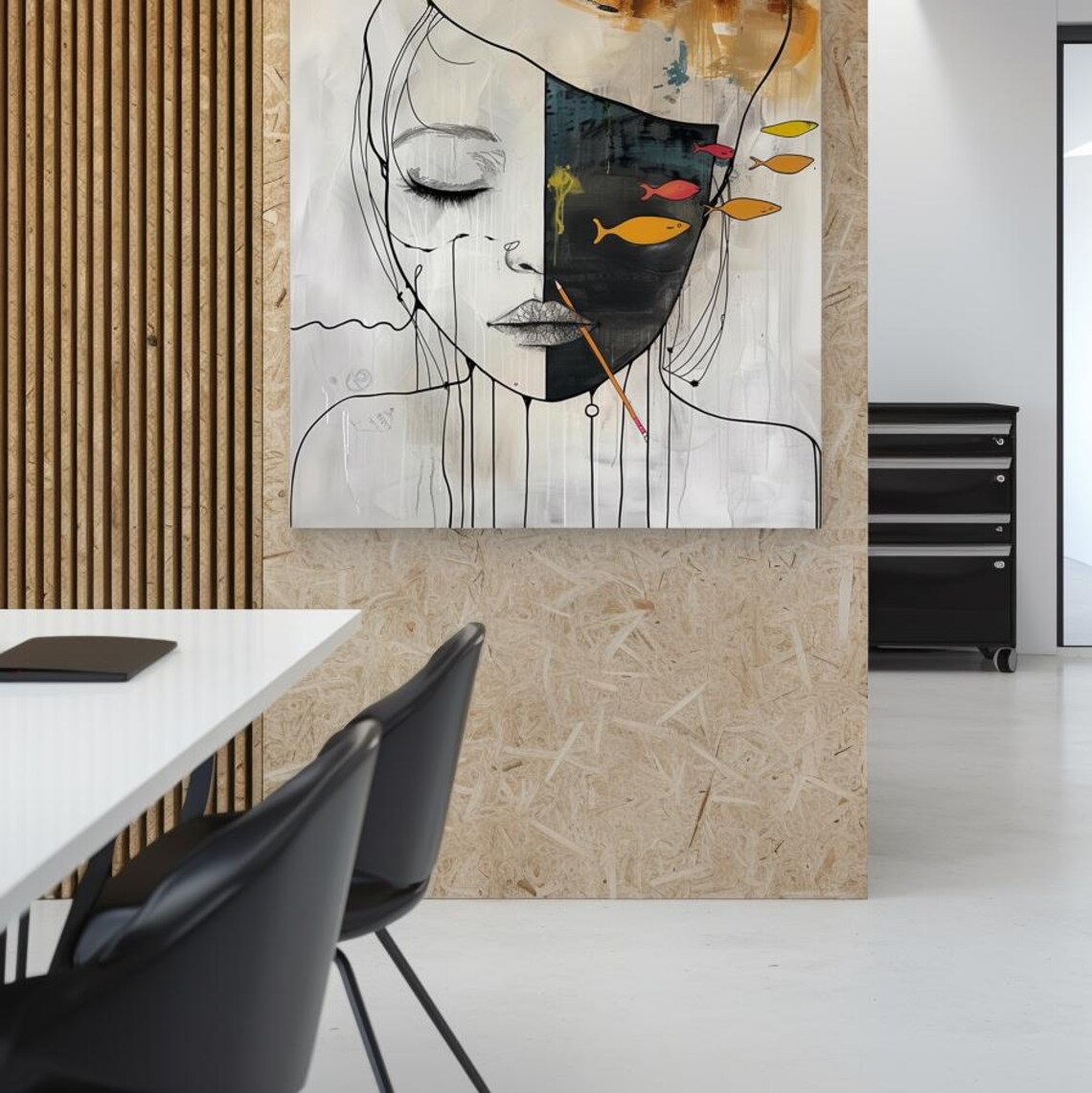 Line Art Woman Face With Colorful Fish Half Portrait Canvas Poster - Image 2