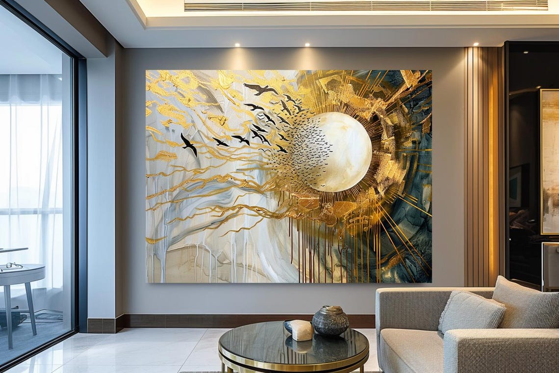 Golden Sun Orb With Birds Flying Abstract Radiant Light Poster - Image 3