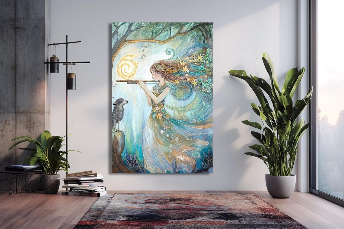 Forest Goddess Playing Flute with Wolf Fantasy Teal Painting Poster