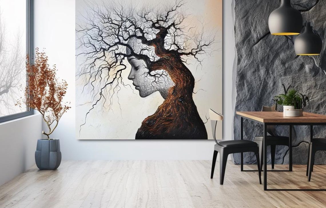 Woman Profile Merging Into Ancient Tree Double Exposure Poster