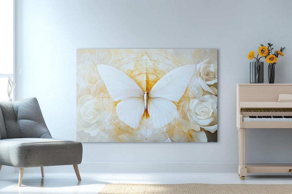 White Butterfly Over Golden Lines and White Roses Painting Poster - Image 3