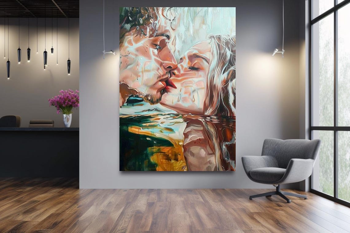 Lovers Kiss Under Water Droplets Romantic Abstract Art Poster