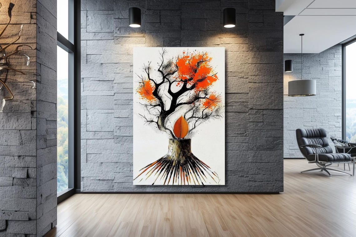 Burning Tree Growing From A Stump With Orange Splashes Poster - Image 2