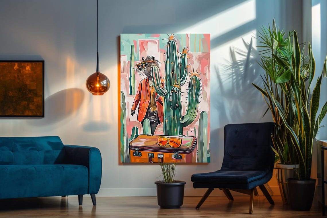 Capybara In Orange Jacket With Suitcase And Cacti Travel Poster