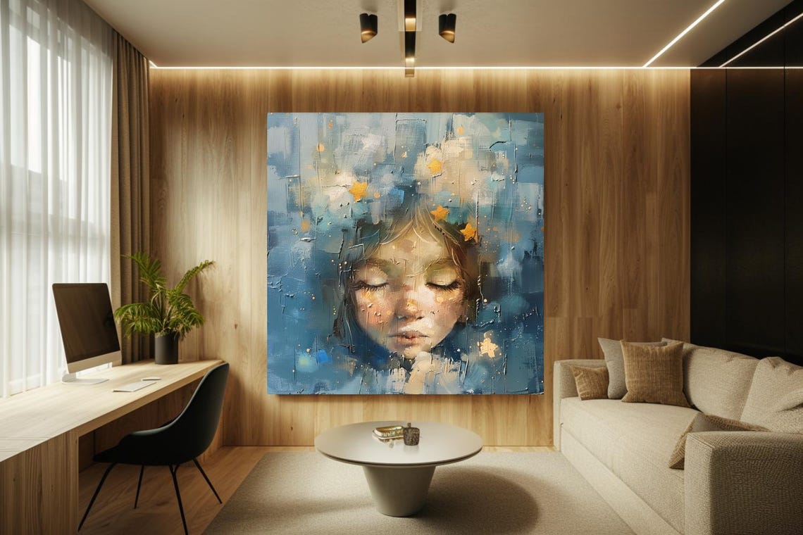 Sleeping Child Face Among Gold Stars Dreamy Blue Nursery Poster - Image 3