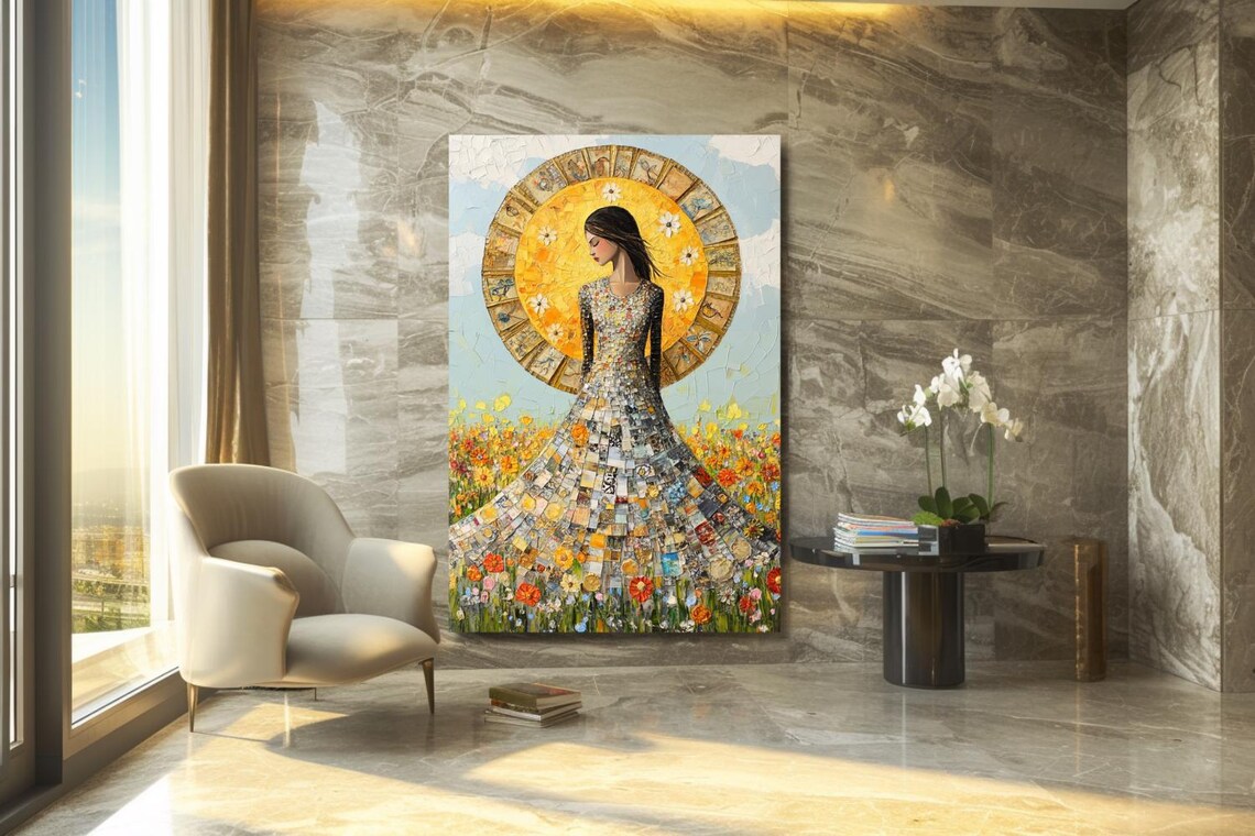 Woman In Mosaic Floral Gown With Golden Sun Halo Field Poster - Image 3