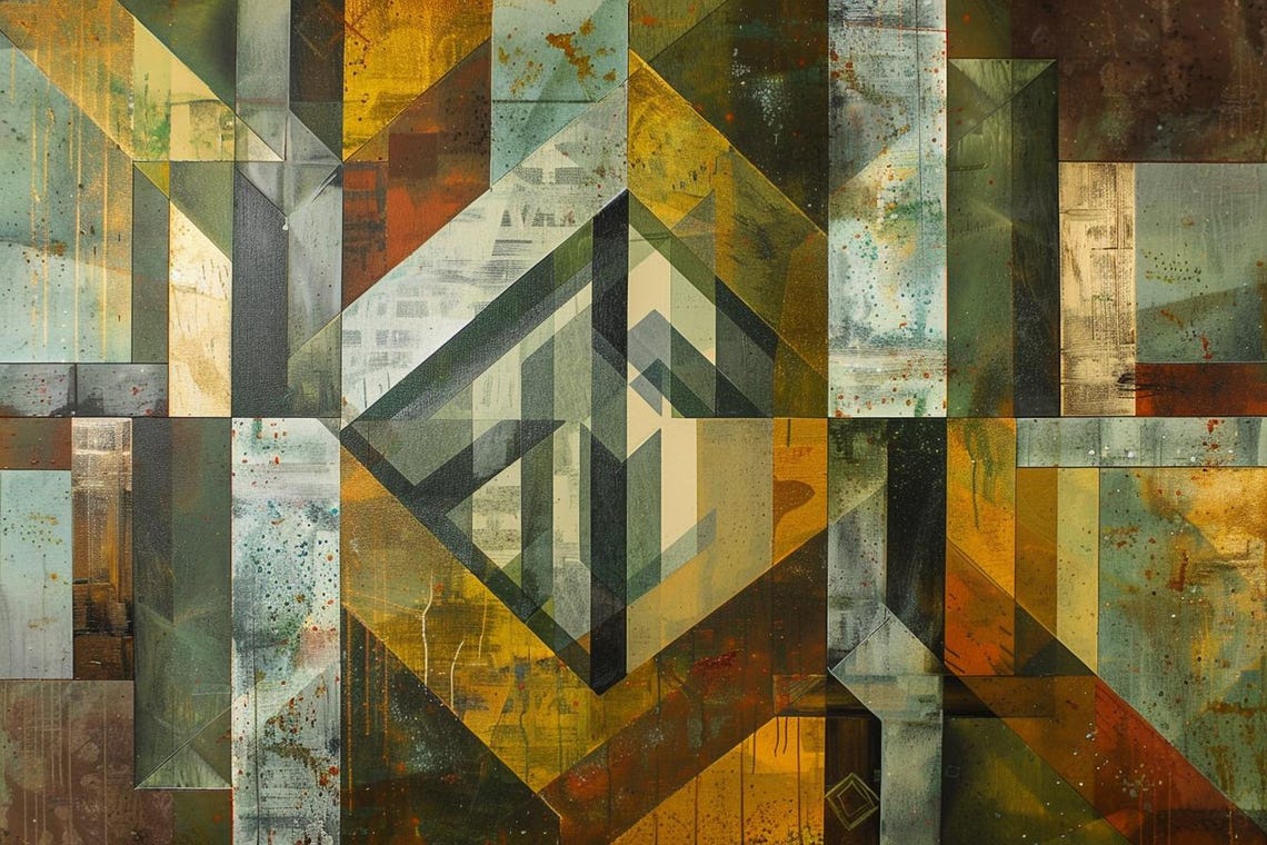 Olive and Ochre Cubist Geometric Cityscape Abstract Art Poster - Image 2