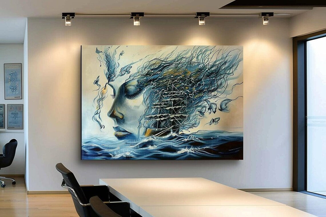 Woman Profile with Hair Becoming Ocean Waves and Tall Ship Poster - Image 3