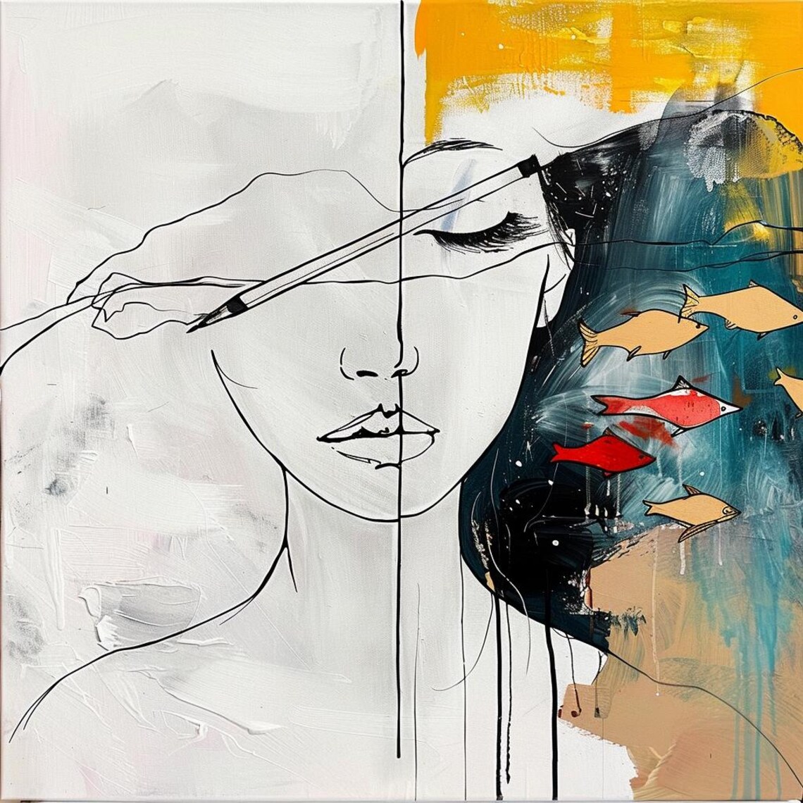 Deepth Line Art Woman Face With Swimming Fish Abstract Poster - Image 2