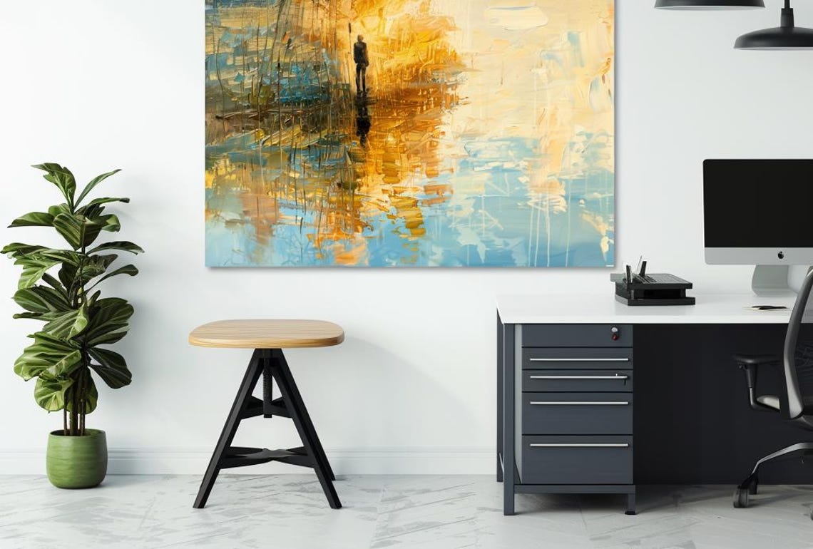 Lone Figure Walking Through Golden Rain Reflection Art Poster