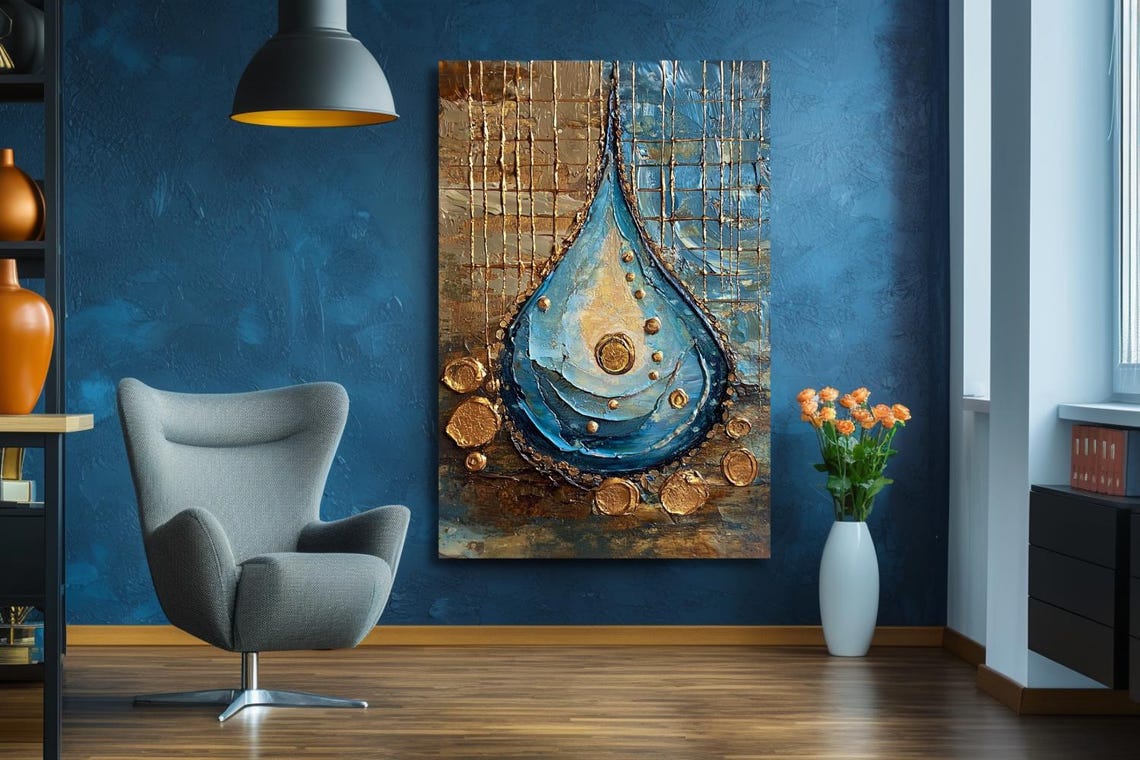 "The Drop" Blue And Gold Water Drop On Cracked Stone Texture Poster - Image 2