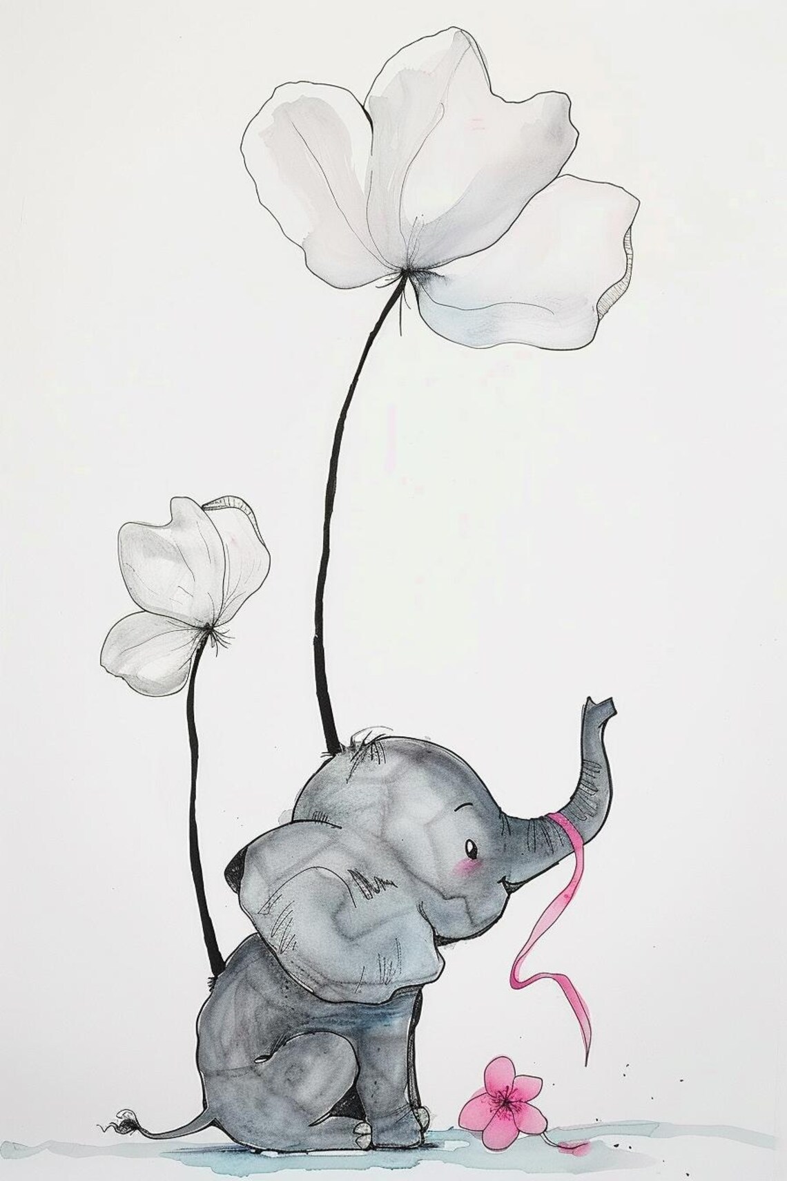 Gentleness Baby Elephant With Giant Flowers Watercolor Poster - Image 2