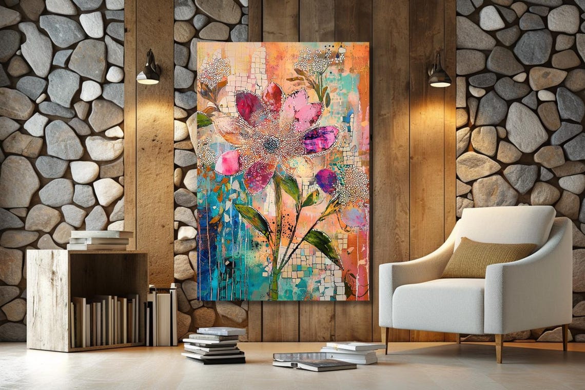 Pink Mosaic Flower On Turquoise And Peach Abstract Botanical Poster - Image 3