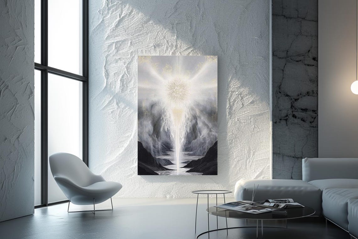 Beam of Light Waterfall in Misty Mountains Abstract Painting Poster - Image 2