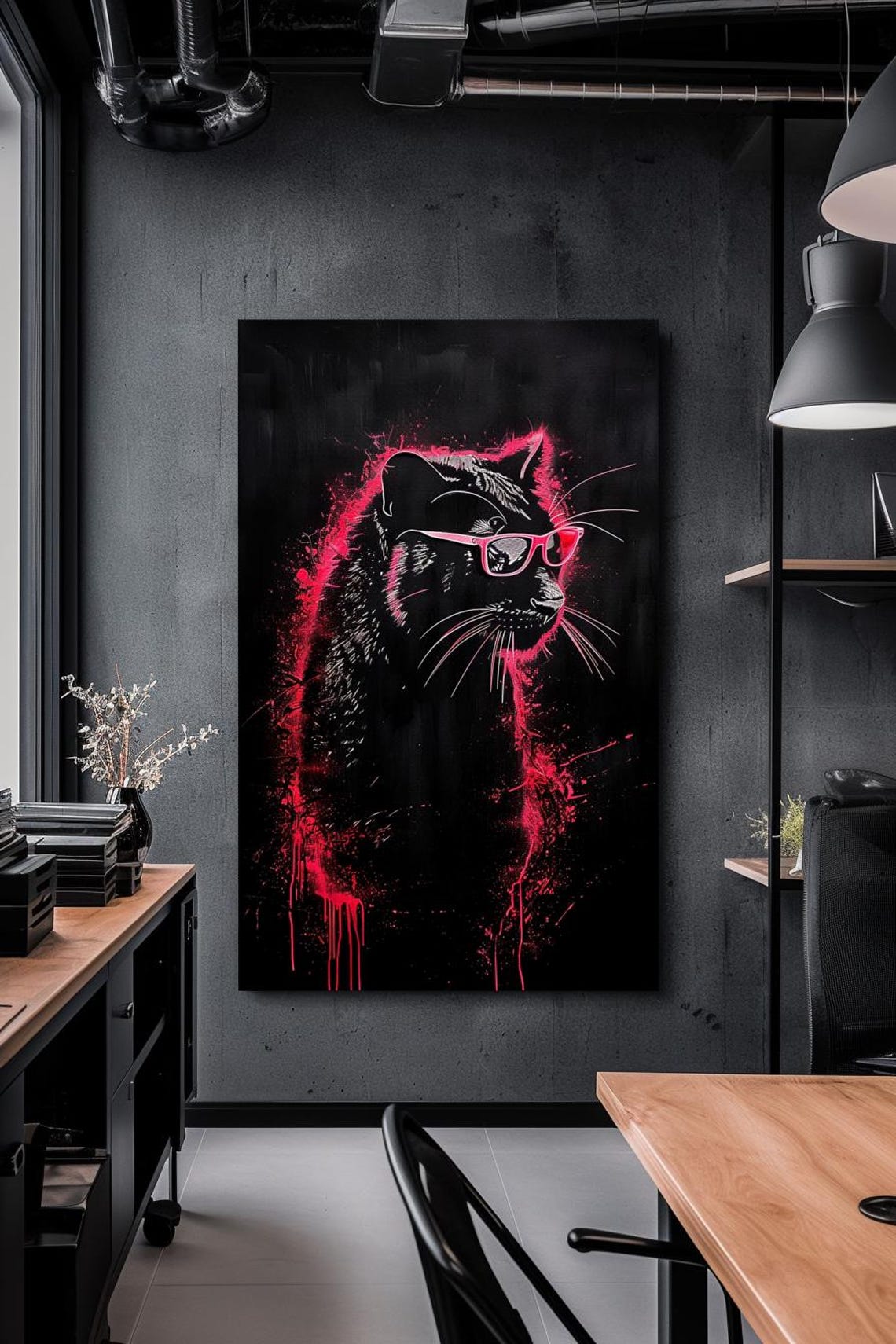 Black Cat with Pink Glasses on Dark Background Painting Poster
