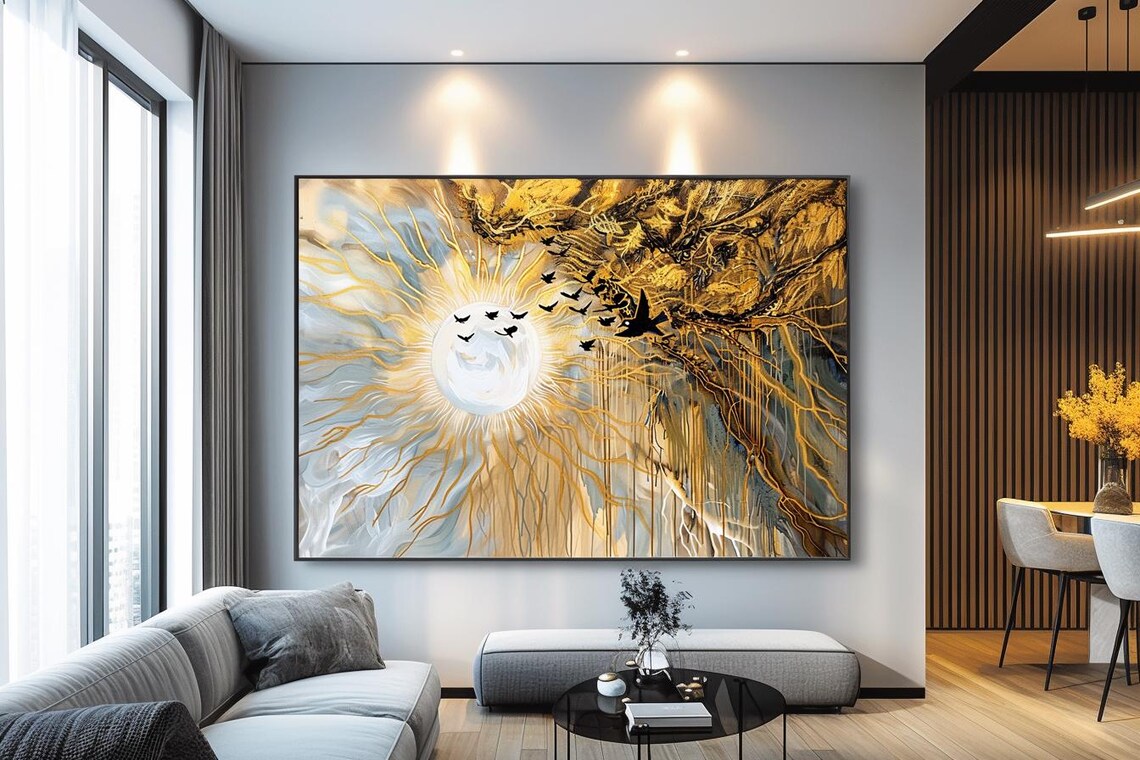 Golden Sunburst with Flock of Birds Radiant Abstract Art Poster - Image 2