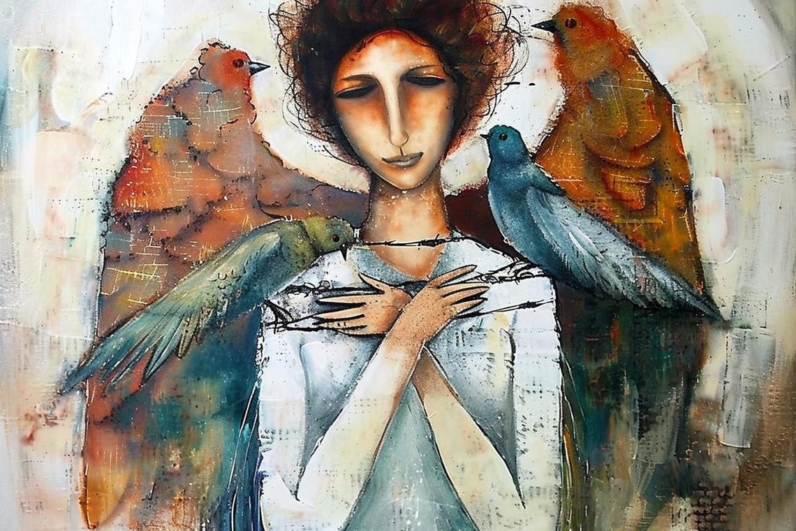 Angelic Woman With Colorful Birds Resting On Her Shoulders Poster - Image 2