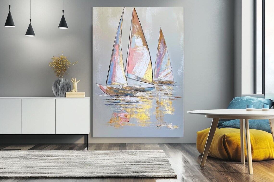 Three Sailboats at Sunset with Pink Sails Seascape Painting Poster - Image 3