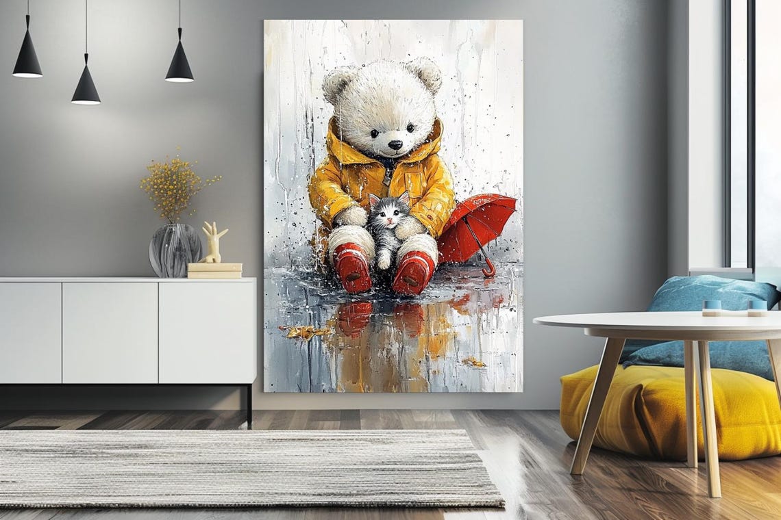 "We Are Together" Teddy Bear In Raincoat Holding Kitten Poster