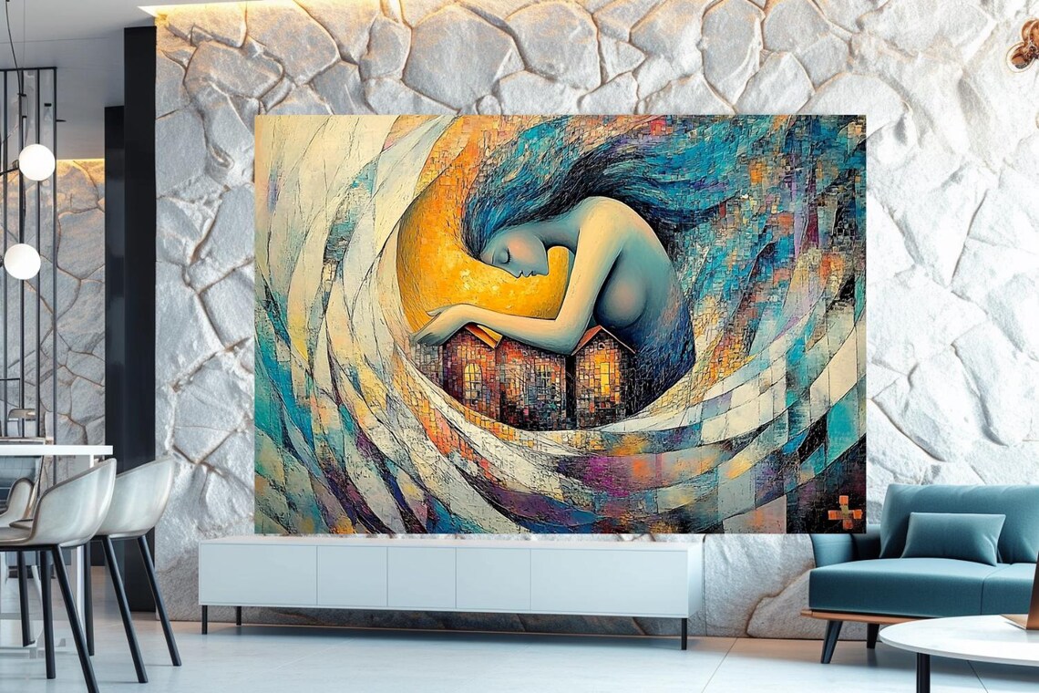 Guardian Woman Embracing Home Abstract Moon Surreal Art Poster - Image 2