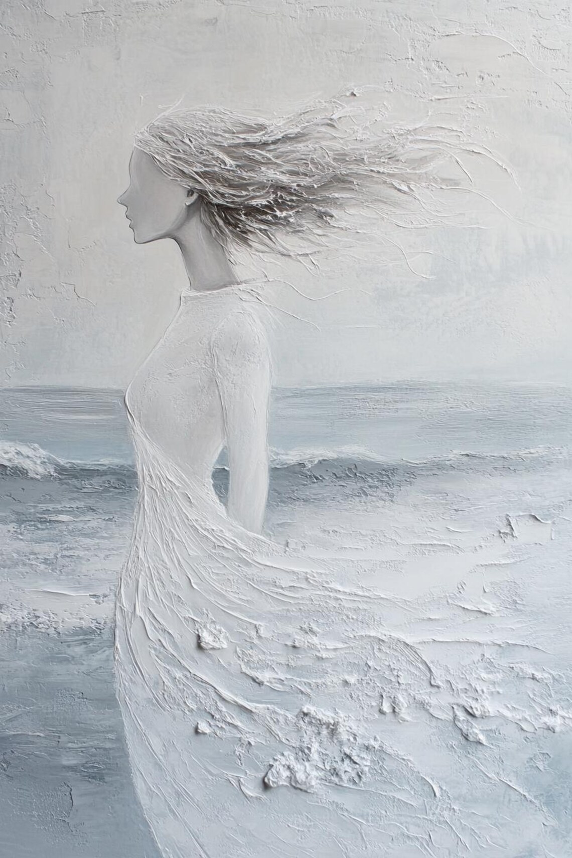 Windblown Woman In Flowing White Gown By The Sea Monochrome Poster - Image 2