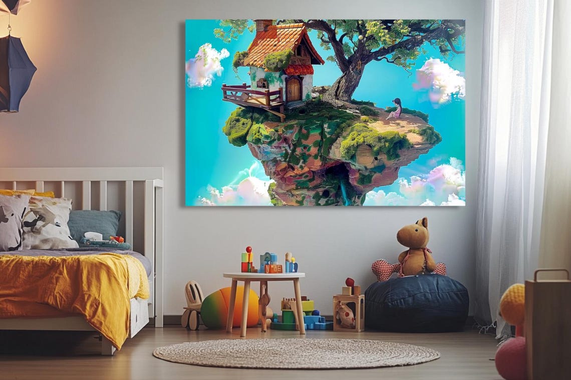 Whimsical Floating Island Cottage In The Sky With Girl Poster - Image 2