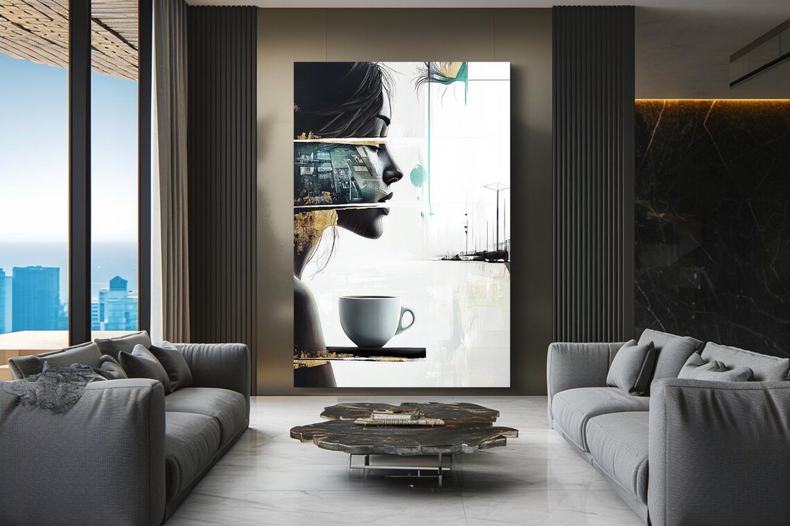 New Day Woman Profile Coffee Cup City Collage Abstract Art Poster - Image 3