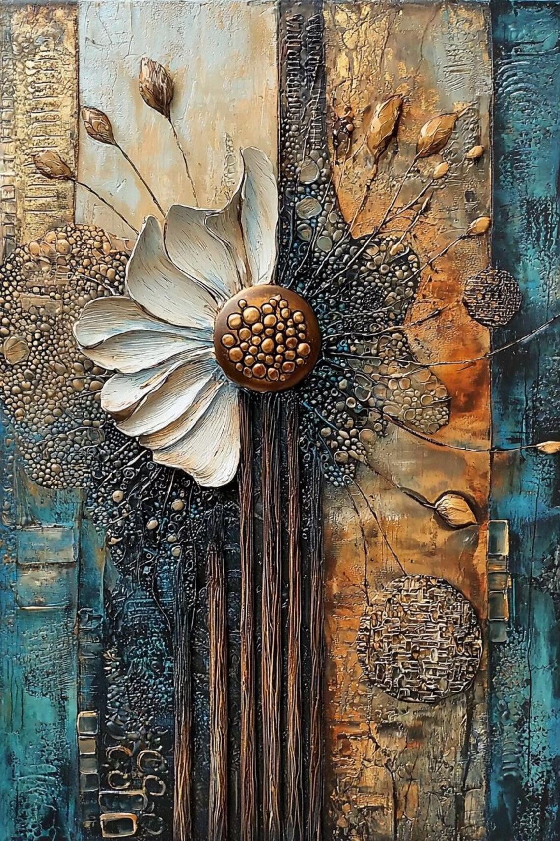 White Daisy Flower Gold Center Teal Rust Abstract Floral Poster - Image 2