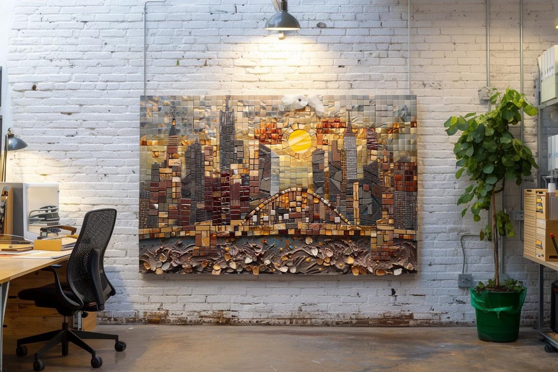 City Skyline With Bridge Mosaic Tile Golden Sunset Art Poster - Image 3