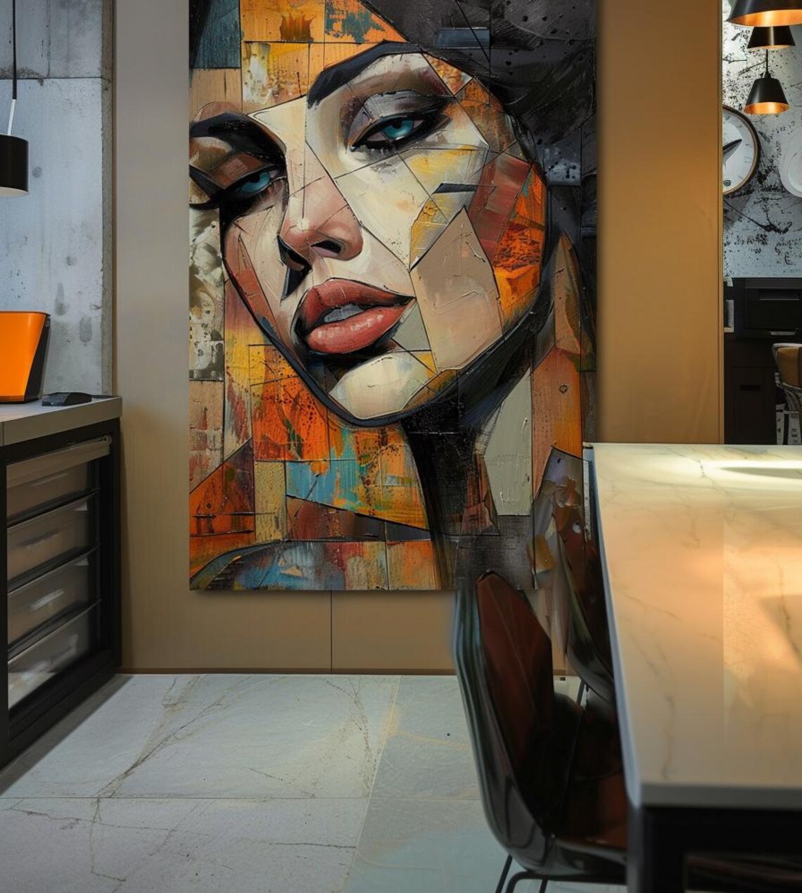 Faceted Woman's Portrait in Orange and Teal Mosaic Painting Poster