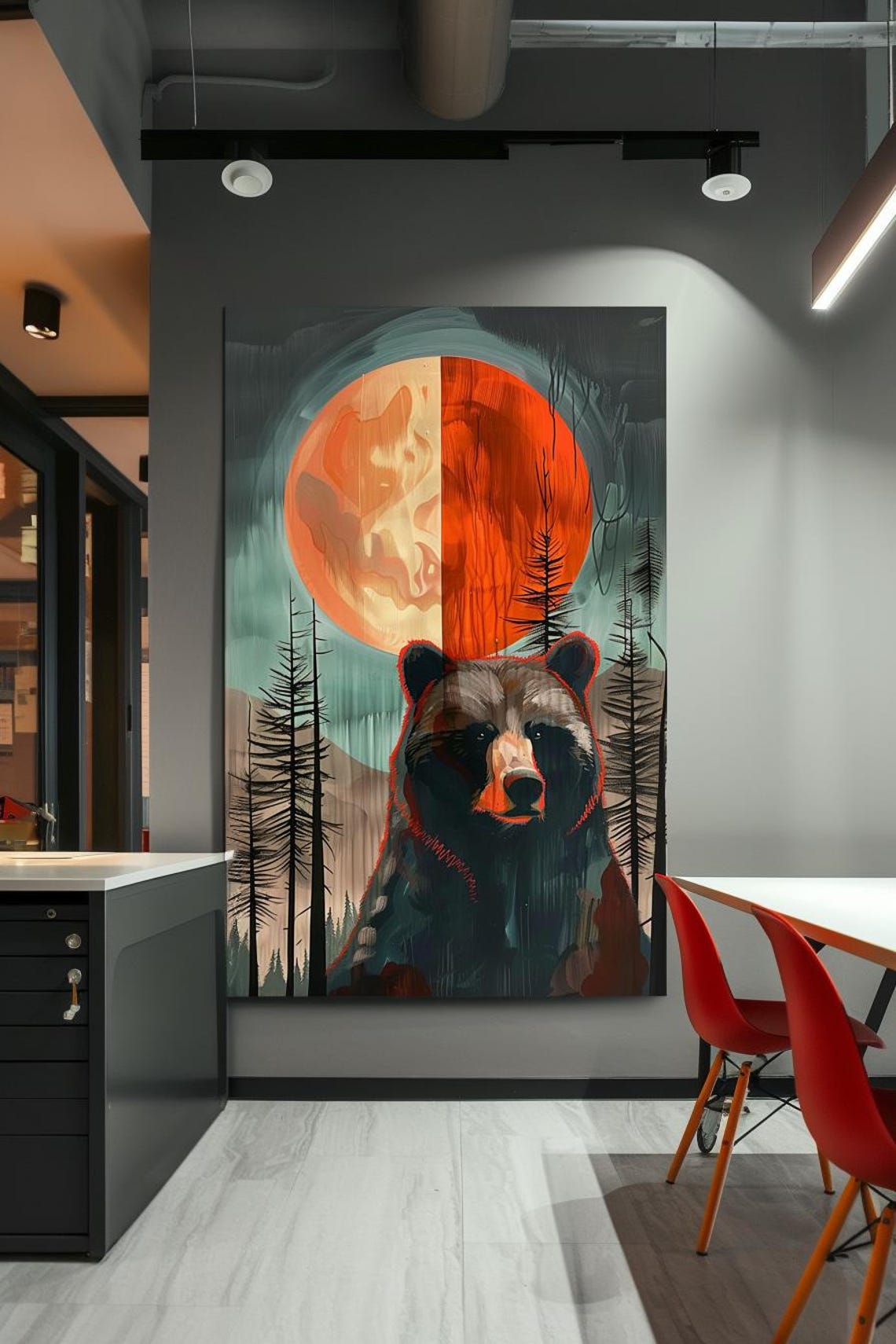 Bear Portrait Beneath a Red Moon in Pine Forest Painting Poster - Image 3
