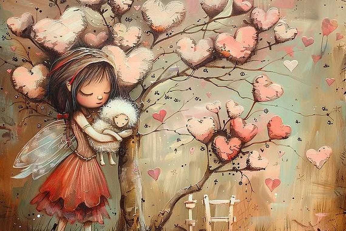Sweet Fairy Girl Hugging Lamb Under Heart Blossom Tree Poster - Image 2
