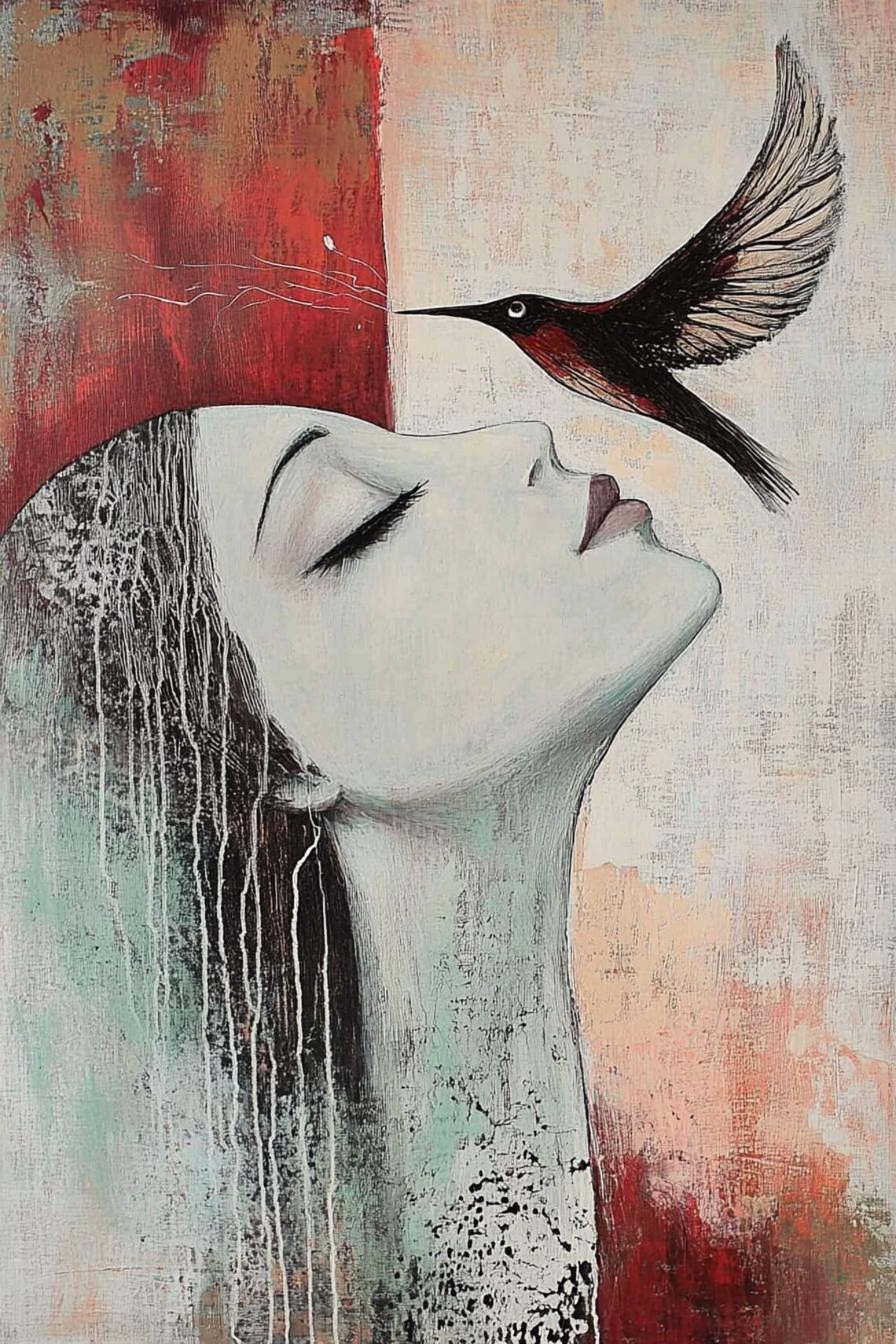 Song Of The Soul Woman With Hummingbird In Red Abstract Art Poster - Image 2