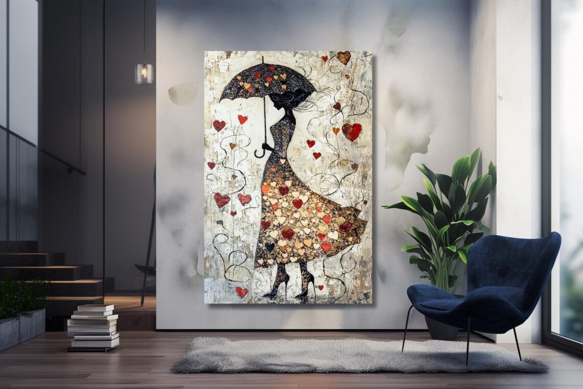 Woman with Umbrella in a Shower of Hearts Romantic Painting Poster