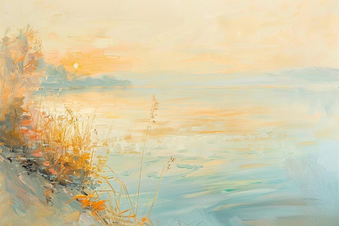 Golden Morning Light Over Calm Water Pastel Landscape Art Poster - Image 2
