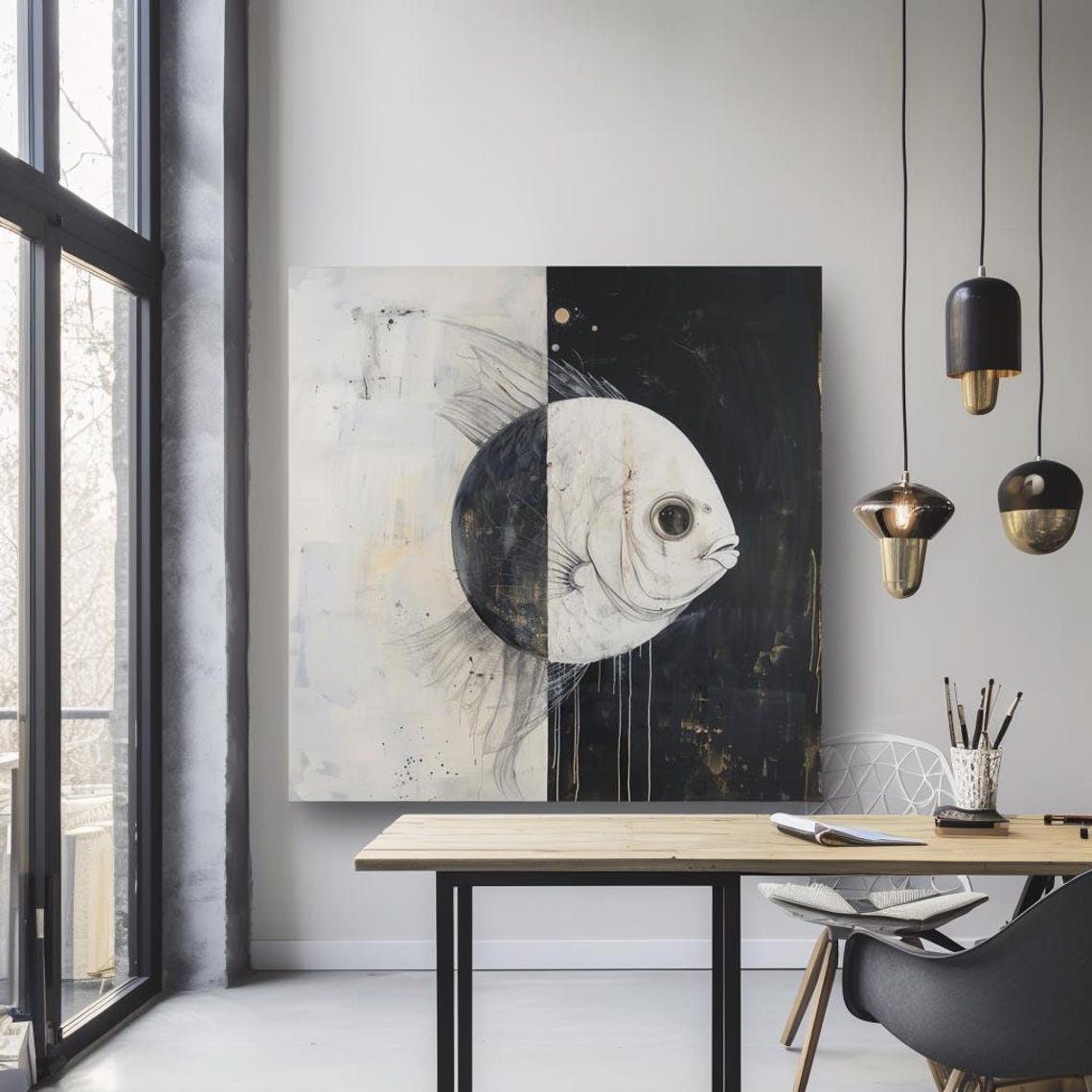 Split Black And White Canvas With White Fish Face Centered Poster - Image 2