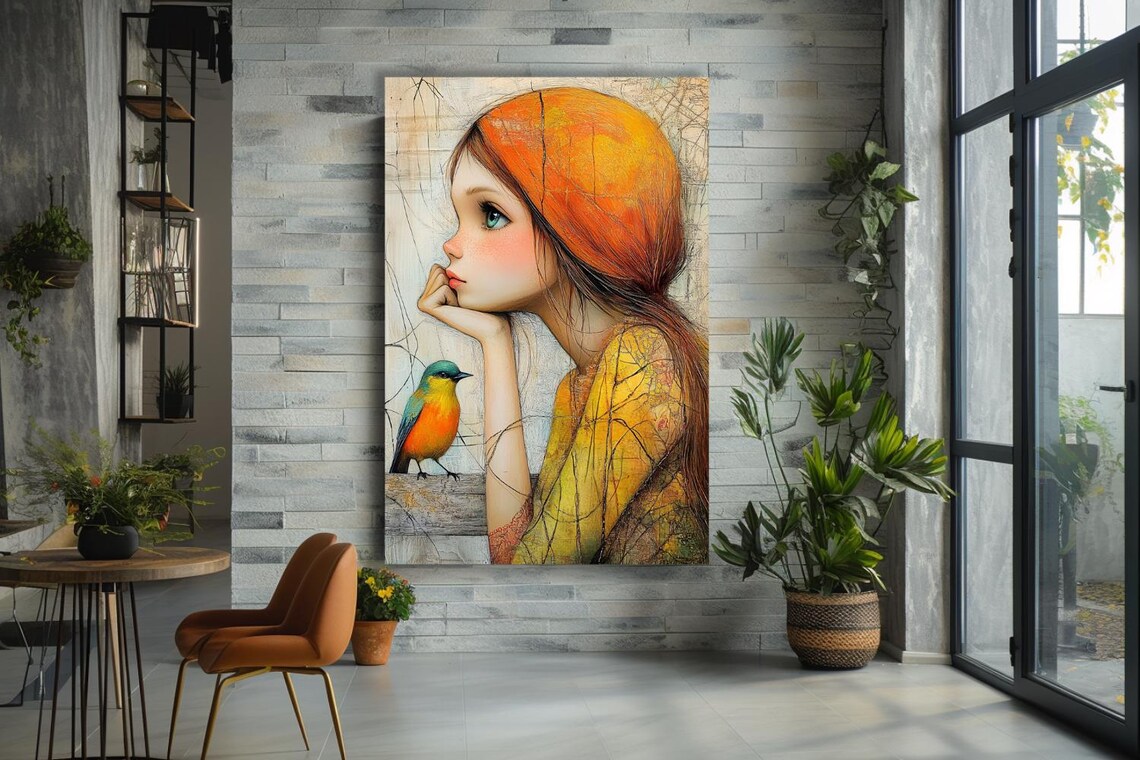 Girl in Orange Headscarf Gazing at a Colorful Bird Painting Poster