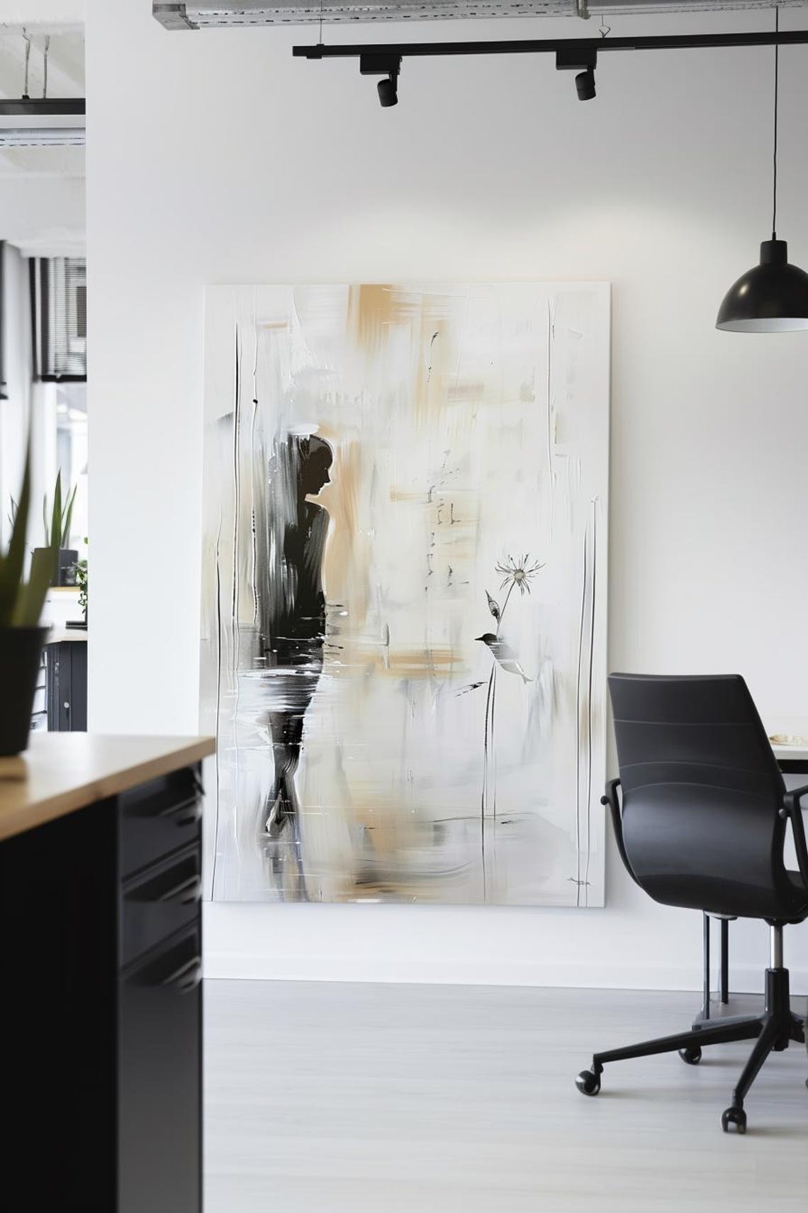 Silhouetted Woman with Bird in White Abstract Painting Poster - Image 3