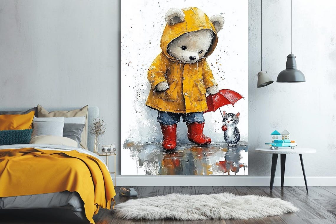 Teddy Bear Sharing Umbrella with Kitten in the Rain Cute Poster