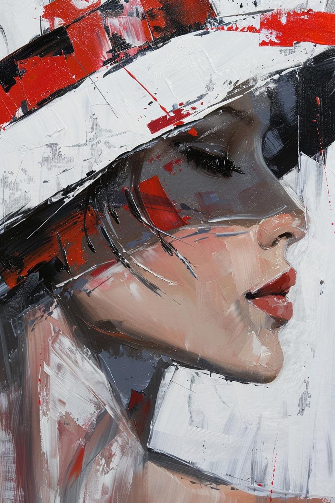 Woman In White Hat Profile Red Black Abstract Portrait Poster - Image 2