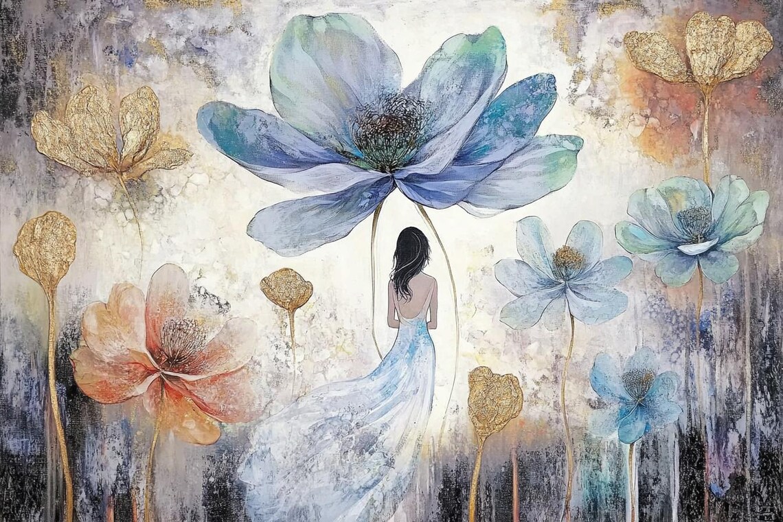 Woman in Blue Dress Among Giant Blossoms Floral Painting Poster - Image 2