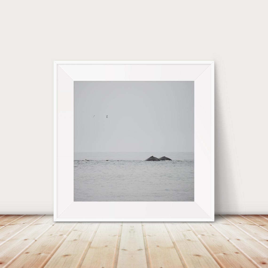 Two Whales Surfacing Minimalist Grey Ocean Wildlife Photo Print