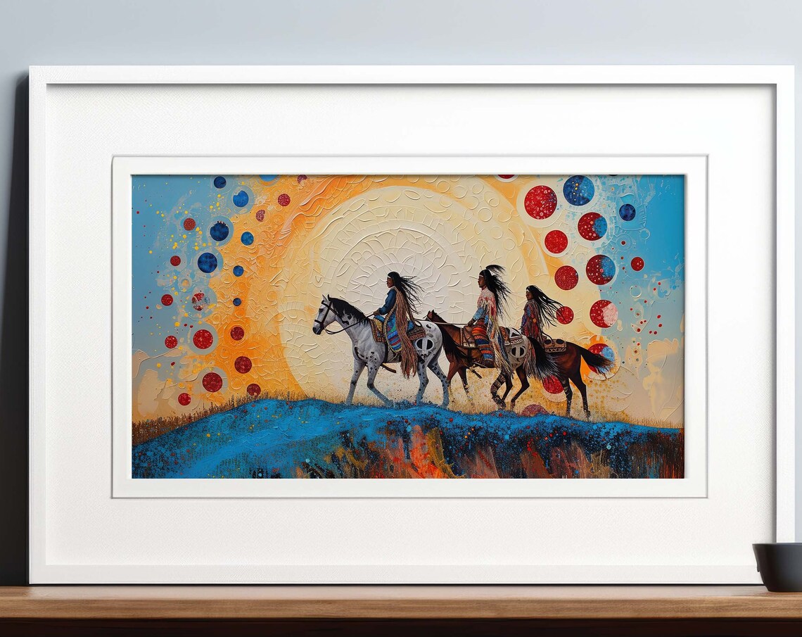 Three Indigenous Horse Riders At Sunrise Colorful Dotted Sky Art Print