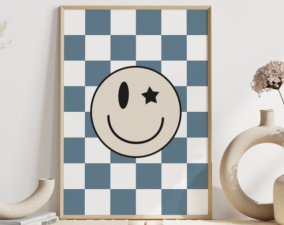 Checkerboard Print Playroom Slate Blue Nursery Checkered Poster Baby Boy Kids Room Decor Toddler Shared