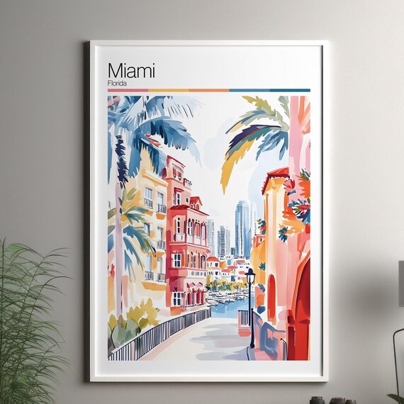 Miami Florida Watercolor Street Scene Tropical Travel Poster