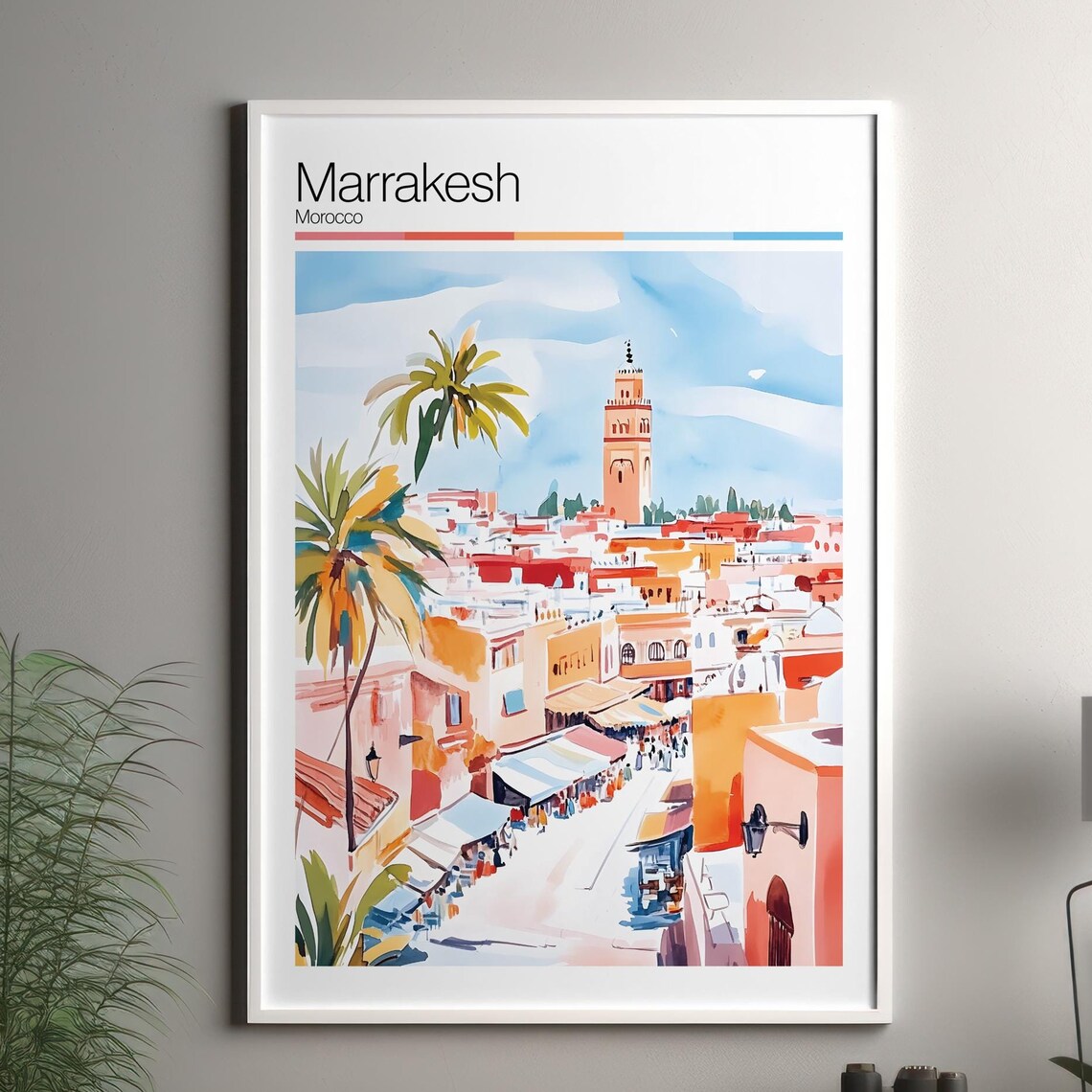 Marrakesh Morocco Watercolor Travel Poster Minaret Souk Golden Hour Scene